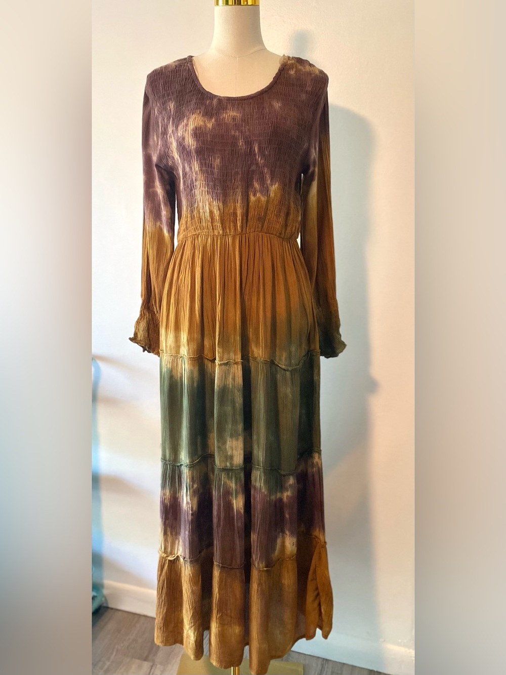 Boho Hippie Maxi Dress Tie Dye Peasant Fall Autumn Woman's  M (Cracker Barre - Picture 2 of 10